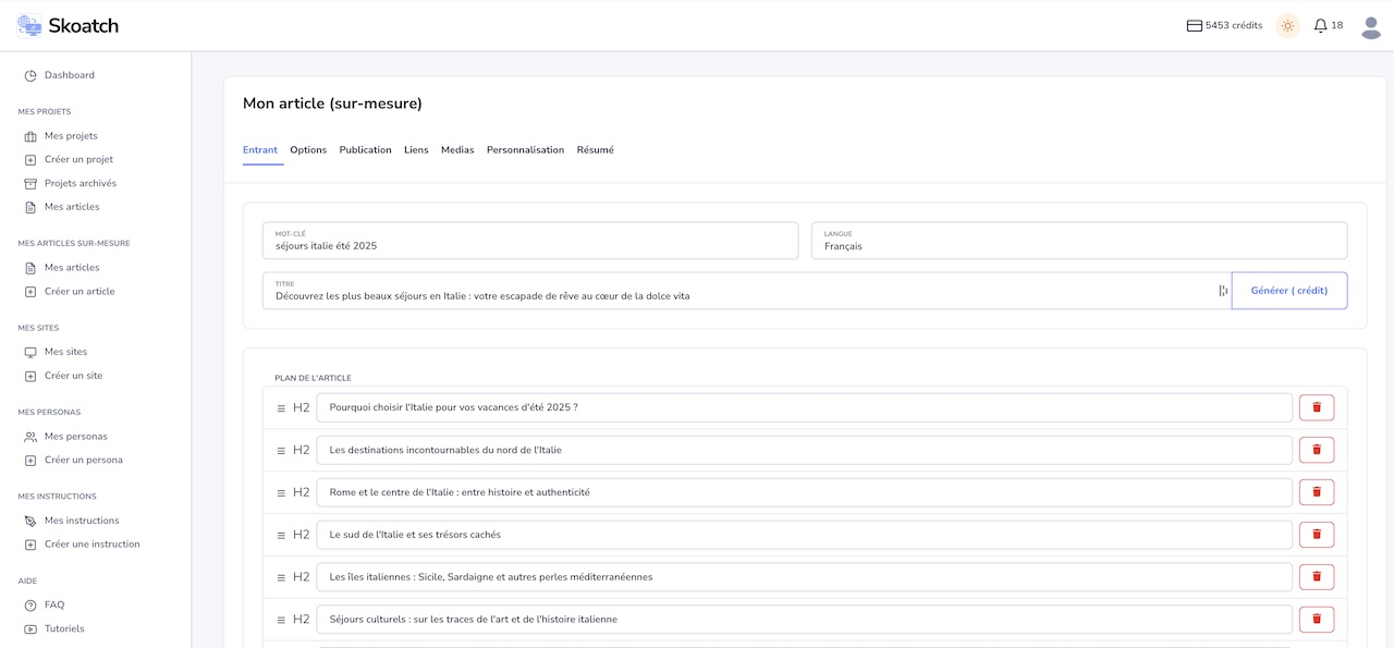 Interface Skoatch - Génération d'article en 30 secondes